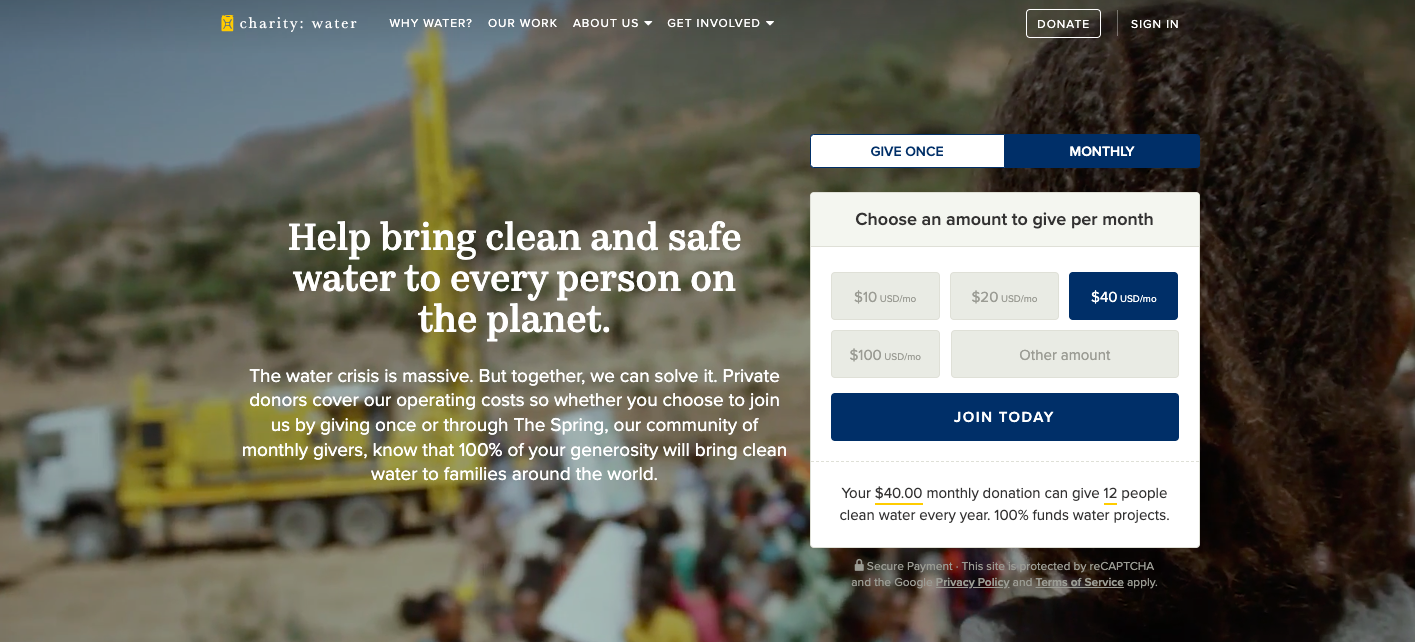 Charity Water Nonprofit Website Design